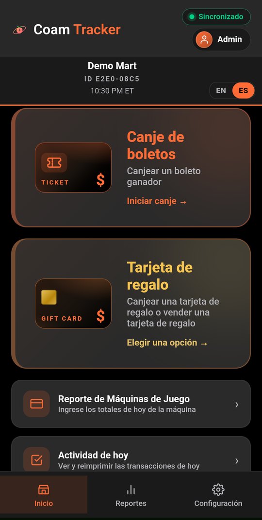 Home screen in Spanish: Canje de boletos, Tarjeta de regalo
