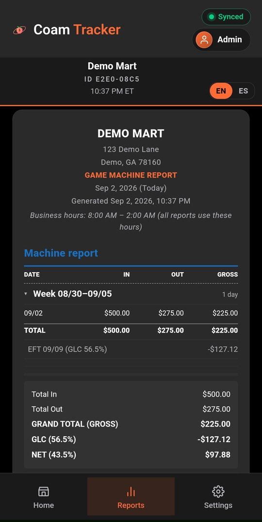 Game machine report: weekly totals, GLC share, and your net