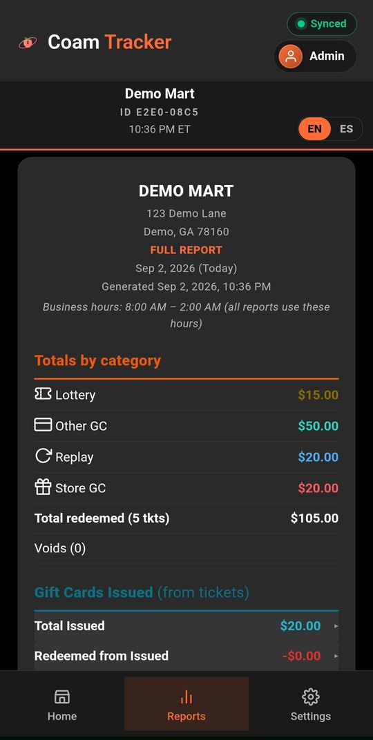 Full report: totals by category, total redeemed, voids, gift cards issued