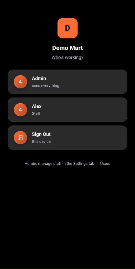 Who's working screen: Admin, Alex, Sign Out