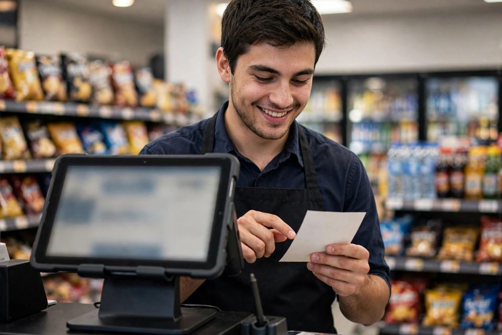 Clerk at the register checking a receipt