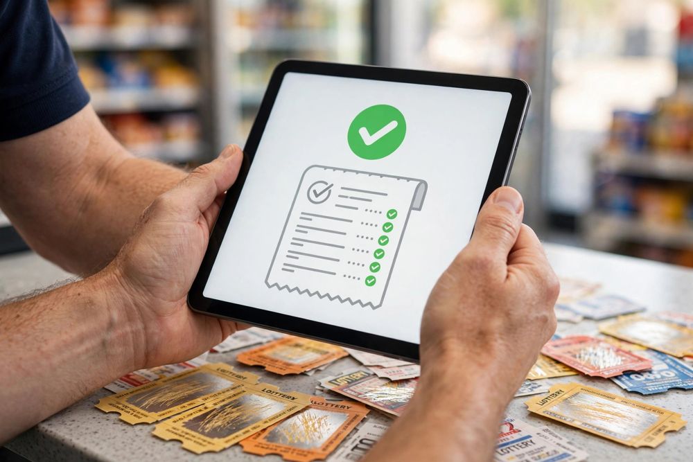 Tablet showing a checked record over lottery tickets